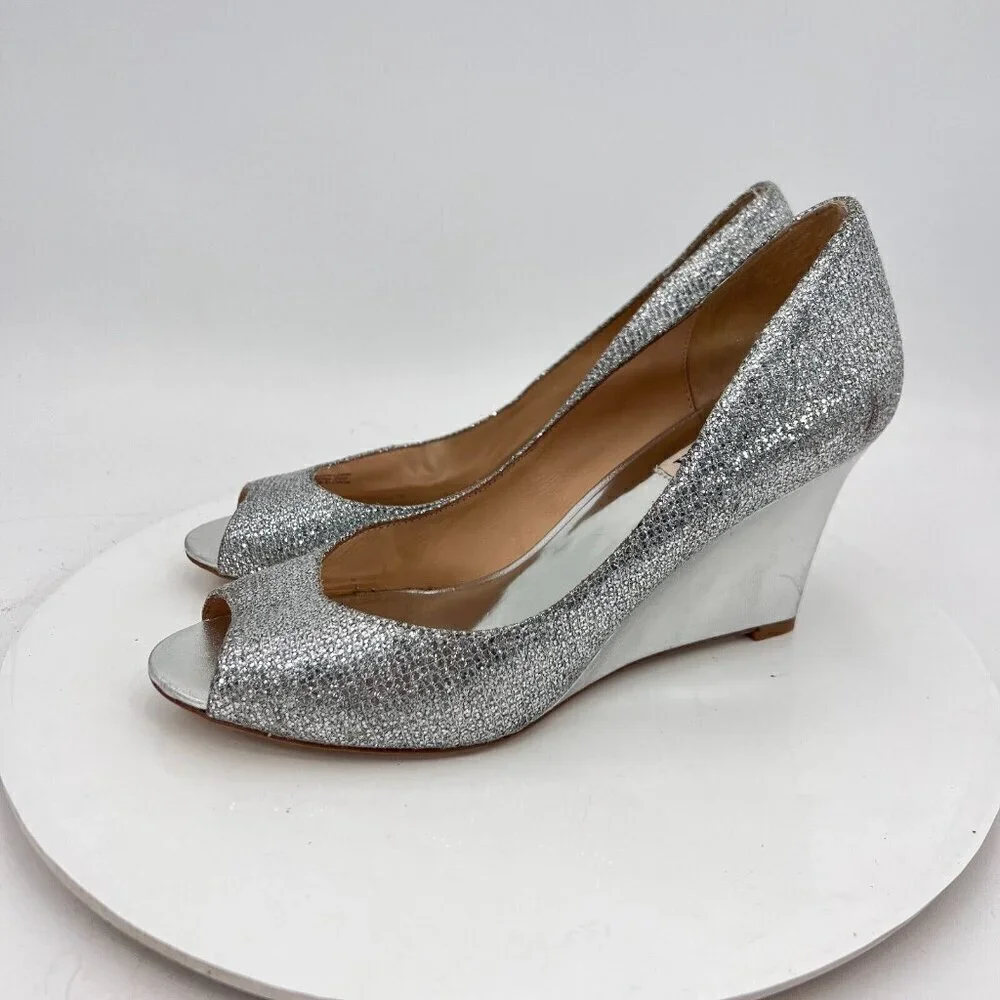 Badgley Mischka Women Size 9 Metallic Silver Glitter Open Toe Wedges Shoes